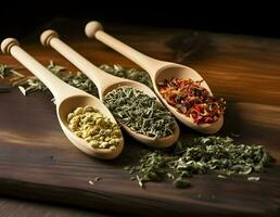 Dried medicinal herbs on a wooden spoon. High quality AI Generative photo