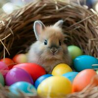 A close shot of a cute Easter baby bunny sitting in a nest of colored eggs on pastel background. High quality. AI Generative photo