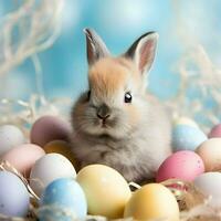 A close shot of a cute Easter baby bunny sitting in a nest of colored eggs on a pastel background. High-resolution. AI Generative photo