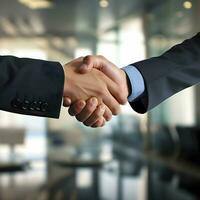 Business people shaking hands in office close shot. High-resolution. AI Generative photo