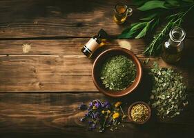 medicinal hierbas mortero de curación hierbas bolsita. alto calidad. ai generativo foto