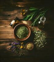Medicinal herbs mortar of healing herbs sachet. High quality. AI Generative photo