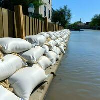 Close shot of flood protection sandbags. High-resolution. AI Generative photo