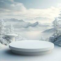 Abstract winter landscape scene with a podium. High-resolution. AI Generative photo