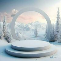 Abstract winter landscape scene with a podium. High quality. AI Generative photo