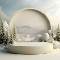 Abstract winter landscape scene with a podium. High-resolution. AI Generative photo