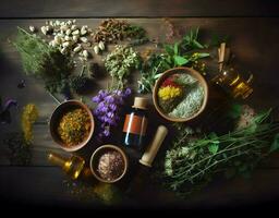 Medicinal herbs mortar of healing herbs sachet. High quality. AI Generative photo