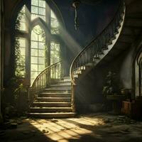 A room with ascending stairs to the outside. High-resolution. AI Generative photo