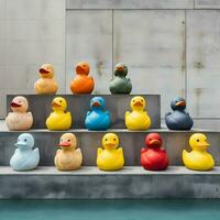 Rubber duckies placed on multi-colored concrete figures. High-resolution. AI Generative photo