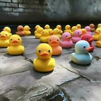 Rubber duckies placed on multi-colored concrete figures. High-resolution. AI Generative photo