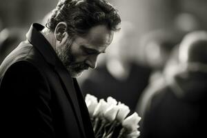 closeup shot of a senior man in front of a funeral bouquet AI generated photo