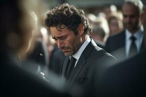 closeup shot of a senior man in front of a funeral bouquet AI generated photo