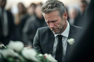de cerca Disparo de un mayor hombre en frente de un funeral ramo de flores ai generado foto