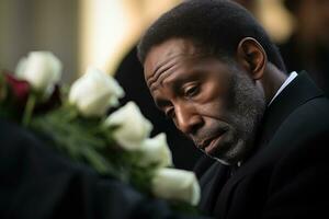 closeup shot of a senior man in front of a funeral bouquet AI generated photo