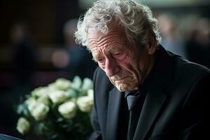 closeup shot of a senior man in front of a funeral bouquet AI generated photo