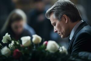 closeup shot of a senior man in front of a funeral bouquet AI generated photo