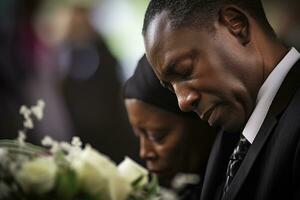 closeup shot of a senior man in front of a funeral bouquet AI generated photo