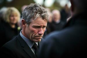 closeup shot of a senior man in front of a funeral bouquet AI generated photo