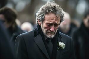 closeup shot of a senior man in front of a funeral bouquet AI generated photo