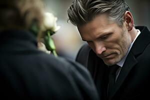 closeup shot of a senior man in front of a funeral bouquet AI generated photo