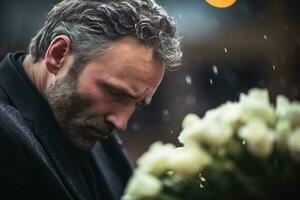 closeup shot of a senior man in front of a funeral bouquet AI generated photo