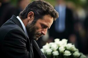 closeup shot of a senior man in front of a funeral bouquet AI generated photo