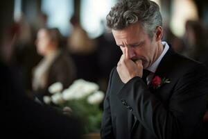 de cerca Disparo de un mayor hombre en frente de un funeral ramo de flores ai generado foto