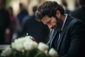 closeup shot of a senior man in front of a funeral bouquet AI generated photo