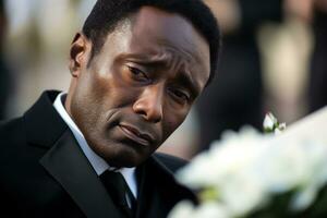 closeup shot of a senior man in front of a funeral bouquet AI generated photo