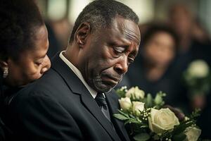 closeup shot of a senior man in front of a funeral bouquet AI generated photo