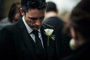 closeup shot of a senior man in front of a funeral bouquet AI generated photo