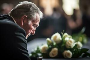 closeup shot of a senior man in front of a funeral bouquet AI generated photo