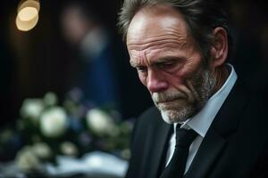 closeup shot of a senior man in front of a funeral bouquet AI generated photo