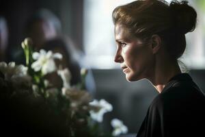 retrato de un triste mujer con un funeral ramo de flores de flores ai generado foto