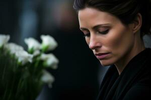 retrato de un triste mujer con un funeral ramo de flores de flores ai generado foto