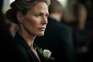 retrato de un triste mujer con un funeral ramo de flores de flores ai generado foto