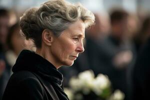 retrato de un triste mujer con un funeral ramo de flores de flores ai generado foto