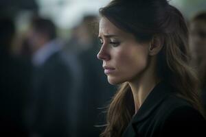 Portrait of a sad woman with a funeral bouquet of flowers AI generated photo