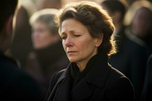 Portrait of a sad woman with a funeral bouquet of flowers AI generated photo