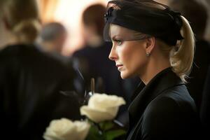 retrato de un triste mujer con un funeral ramo de flores de flores ai generado foto