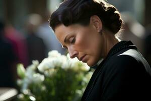 retrato de un triste mujer con un funeral ramo de flores de flores ai generado foto