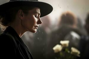 retrato de un triste mujer con un funeral ramo de flores de flores ai generado foto