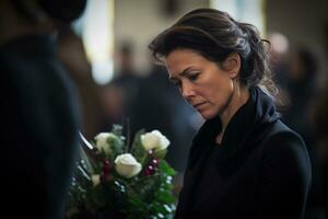 retrato de un triste mujer con un funeral ramo de flores de floresai generado foto