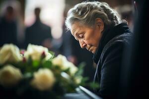 retrato de un triste mujer con un funeral ramo de flores de floresai generado foto