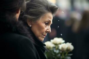 retrato de un triste mujer con un funeral ramo de flores de floresai generado foto