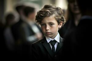 retrato de un chico en un negro traje con un funeral ramo de flores de flores ai generado foto