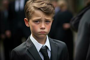 Portrait of a boy in a black suit with a funeral bouquet of flowers AI generated photo