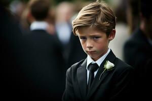 retrato de un chico en un negro traje con un funeral ramo de flores de flores ai generado foto