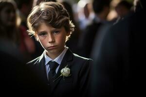 retrato de un chico en un negro traje con un funeral ramo de flores de flores ai generado foto