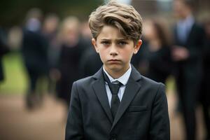 Portrait of a boy in a black suit with a funeral bouquet of flowers AI generated photo